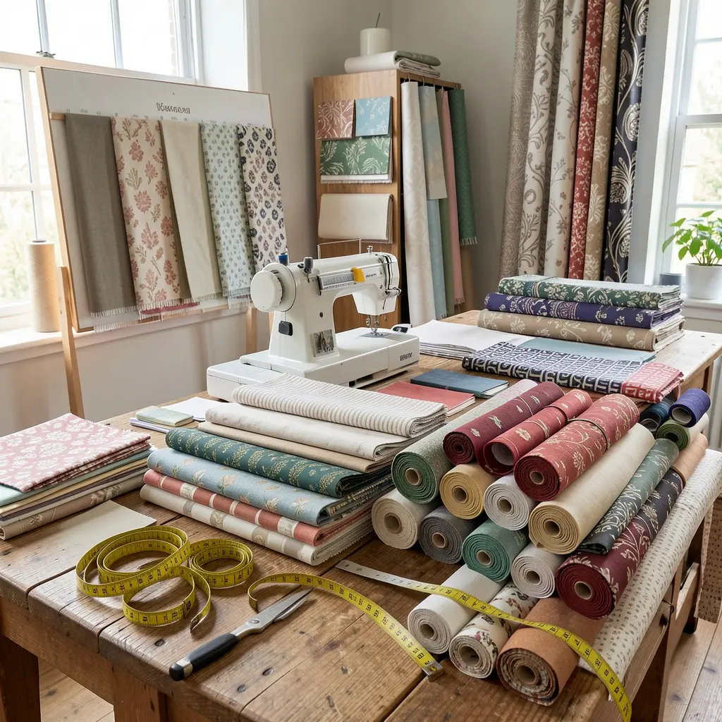 Interior decorating studio with fabric samples and design materials